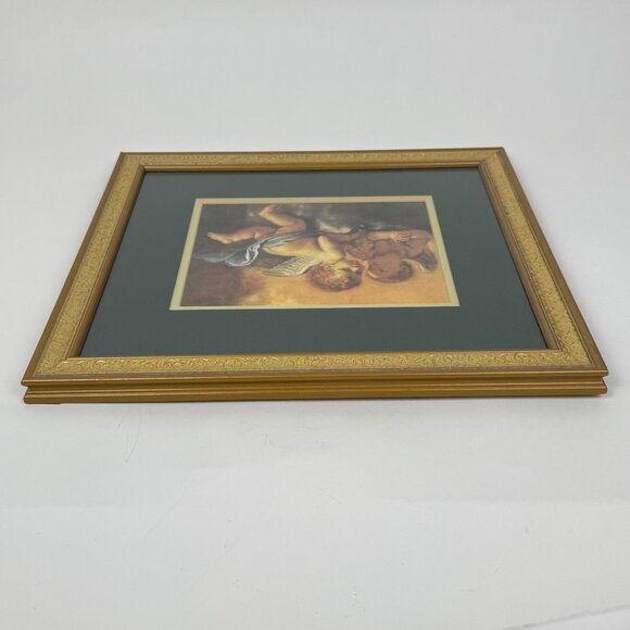 Vintage Cherub Angel Print Double Mat Gold Embossed Frame 14" x 16" - Picture 4 of 6